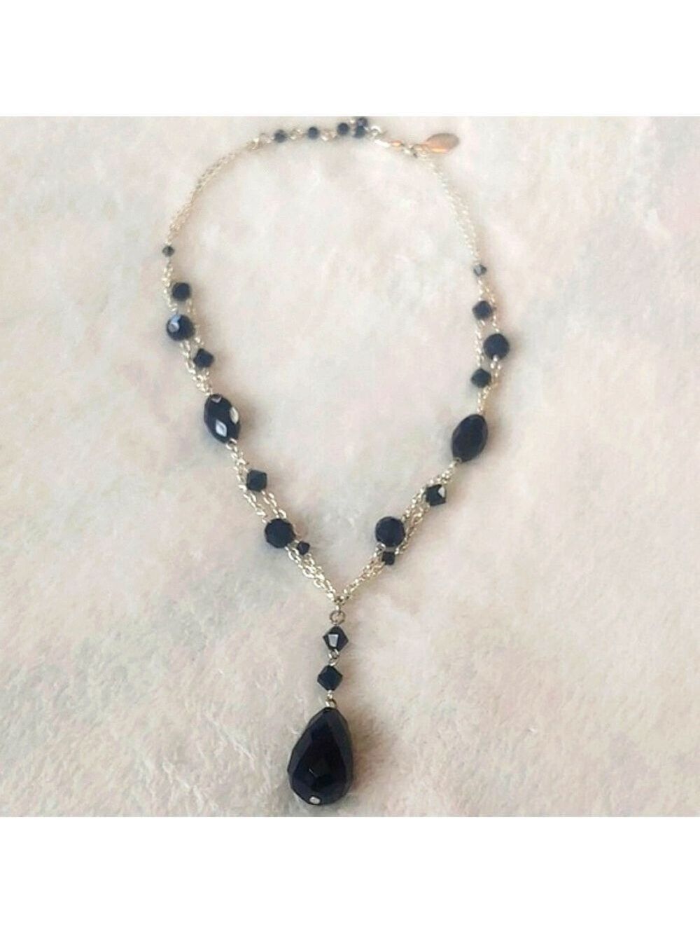 White House Black Market Silver Tone Black Beaded Necklace - Picture 1 of 13